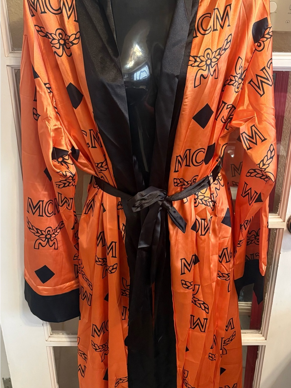Peach Satin Robe with Black Trim and Tie Belt - Picture 2 of 8